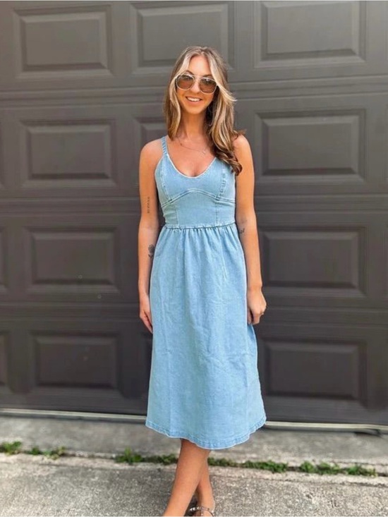Timing Dresses & Skirts - Timing Light Blue Denim Midi Sundress - Sleeveless Casual Dress